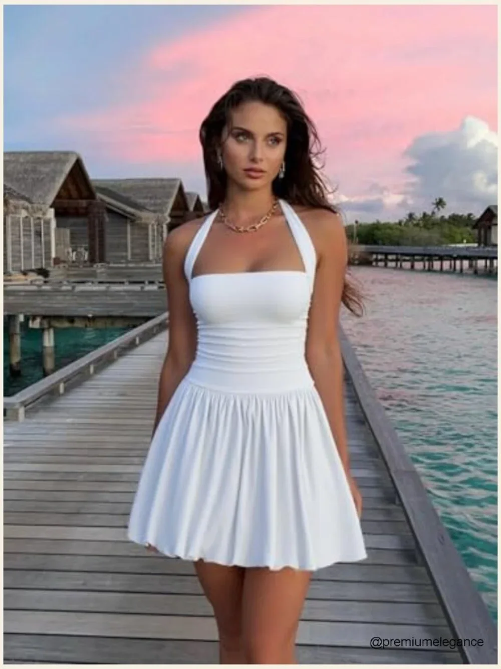 Sexy Halter Corset Mini Dress with Built-in Shorts Ruched Waist Party - Picture 3 of 7